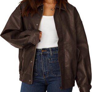 Women's Faux Leather Motorcycle Jacket Trendy Fall Spring Clothes Oversized Zip